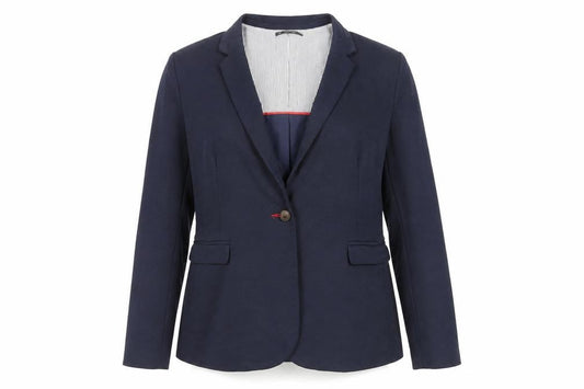 Front view of Dunnes women’s blue jacket blazer, size UK 18, button