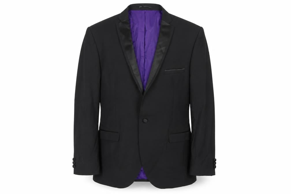 Front view of Ventura men’s black polyester tuxedo suit jacket, size 46, regular