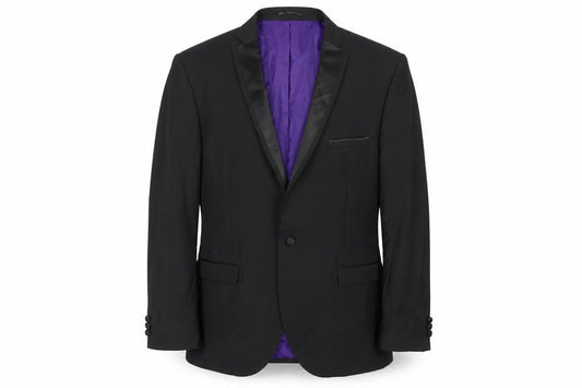 Front view of Ventura men’s black polyester tuxedo suit jacket, size 46, regular