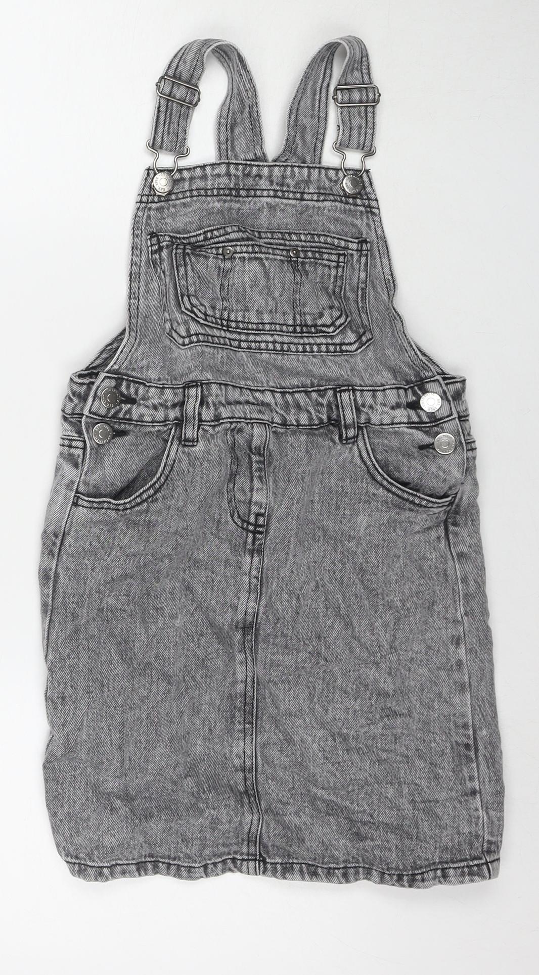 George Girls Grey Cotton Pinafore/Dungaree Dress Size 9-10 Years Square Neck Buckle