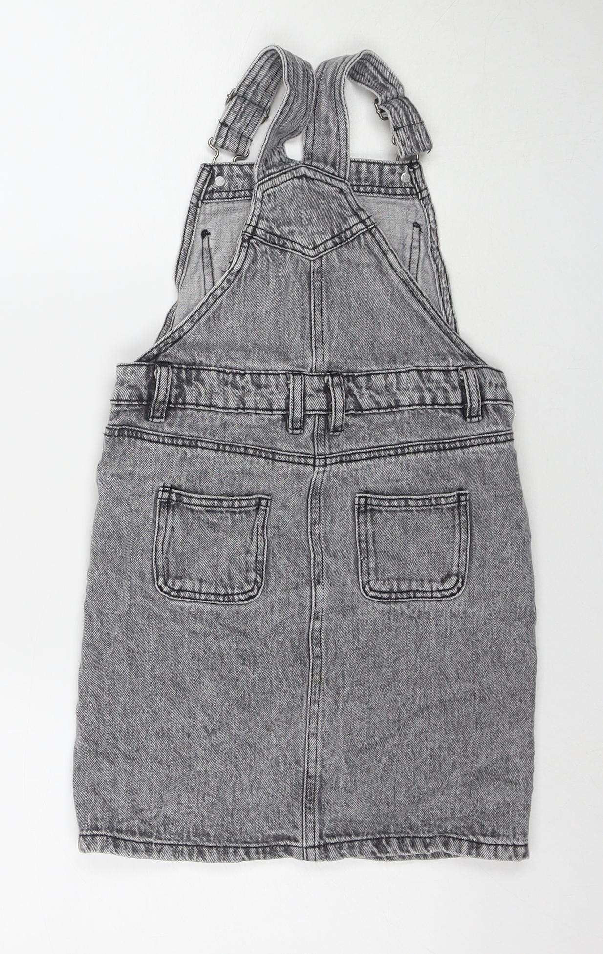 George Girls Grey Cotton Pinafore/Dungaree Dress Size 9-10 Years Square Neck Buckle