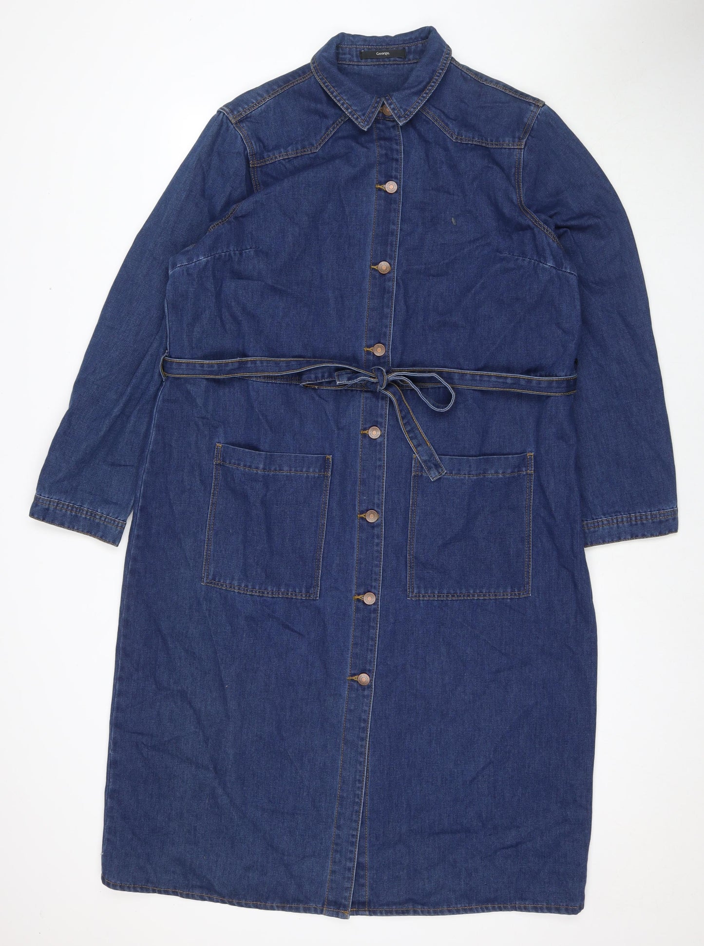 George Womens Blue Cotton Shirt Dress Size 20 Collared Button