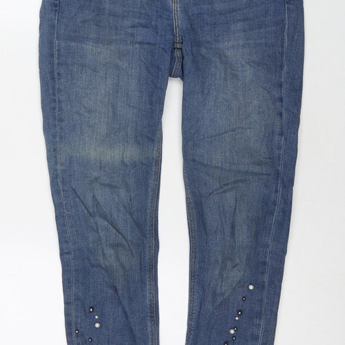 Zara Womens Blue Cotton Skinny Jeans Size 10 L27 in Regular Zip - Pearl Detail