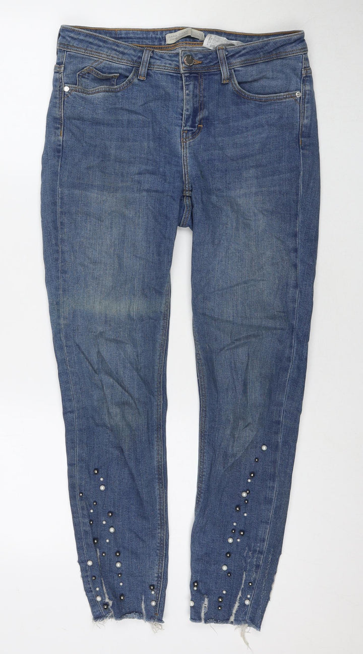 Zara Womens Blue Cotton Skinny Jeans Size 10 L27 in Regular Zip - Pearl Detail