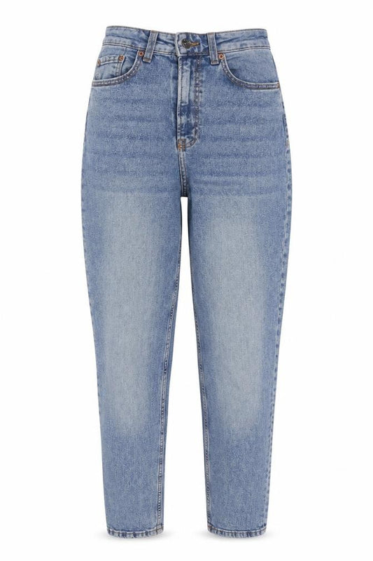 Front view of Divided by H&M women’s blue cotton mom jeans, size UK 6, 28-inch leg regular zip