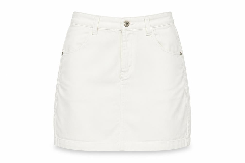 Front view of Missguided women’s white cotton a-line skirt, size UK 10, zip