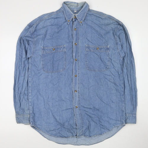 New Fast Mens Blue Cotton Button-Up Size M Collared Button