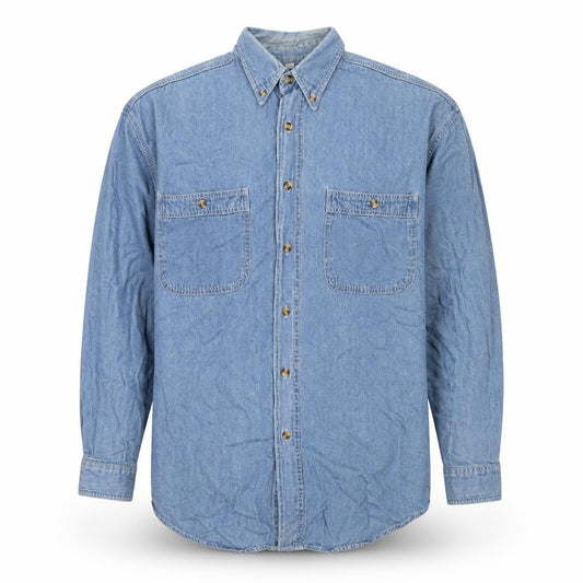 Front view of New Fast men’s blue cotton button-up, size M, collared button
