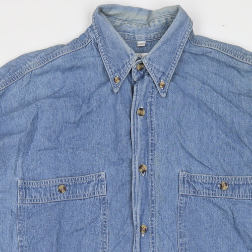 New Fast Mens Blue Cotton Button-Up Size M Collared Button
