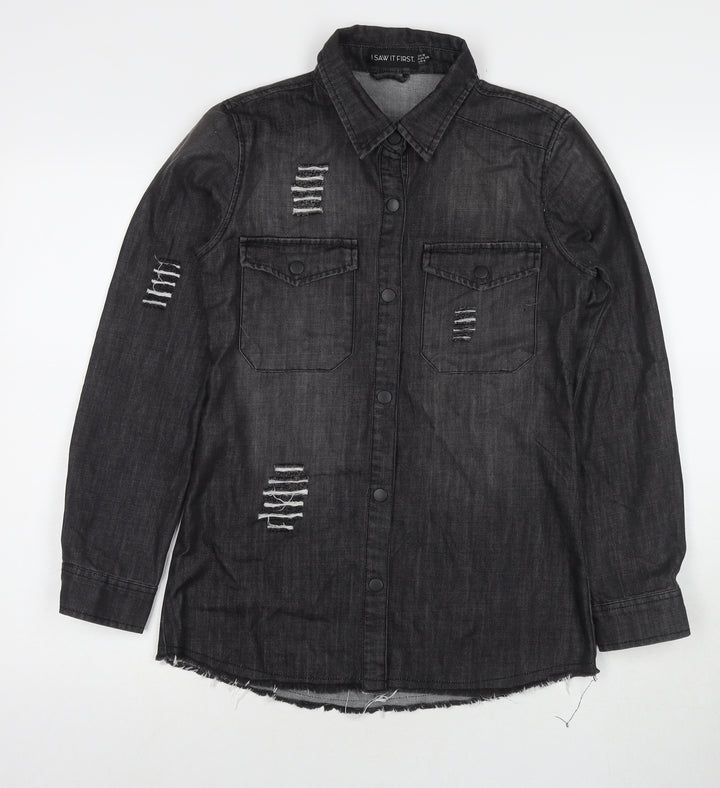I SAW IT FIRST Womens Black Cotton Basic Button-Up Size 8 Collared