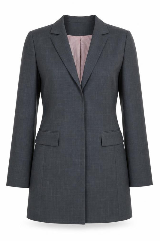 Front view of Atmosphere women’s grey jacket blazer, size UK 12, button