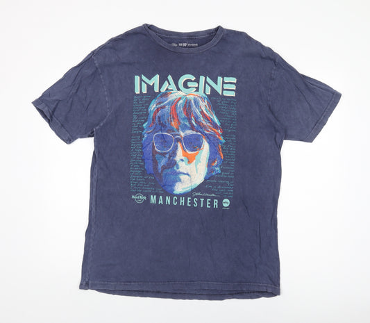 Front view of Hard Rock men’s blue cotton t-shirt, size L, round neck