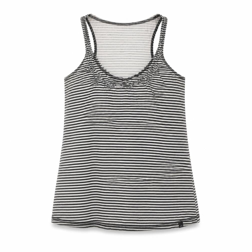 Front view of O'Neill women’s white striped cotton basic t-shirt, size S, scoop neck