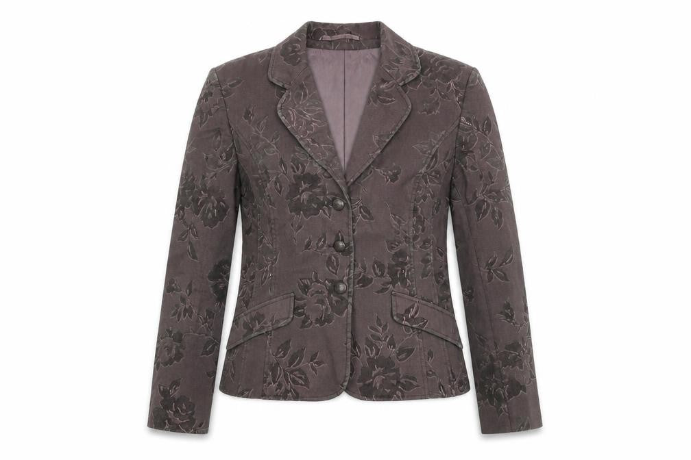 Front view of Minuet women’s brown floral jacket blazer, size UK 10, button