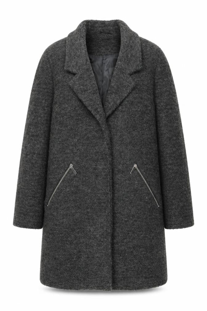 Front view of Anthology women’s grey overcoat coat, size UK 14, snap