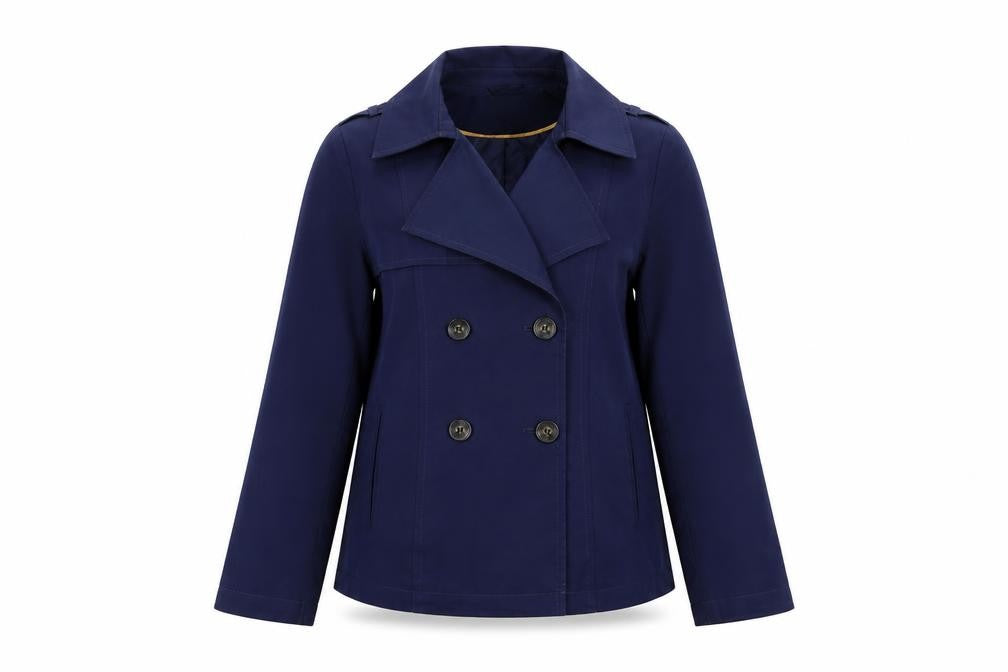 Front view of Marks & Spencer women’s blue jacket coat, size UK 12, button