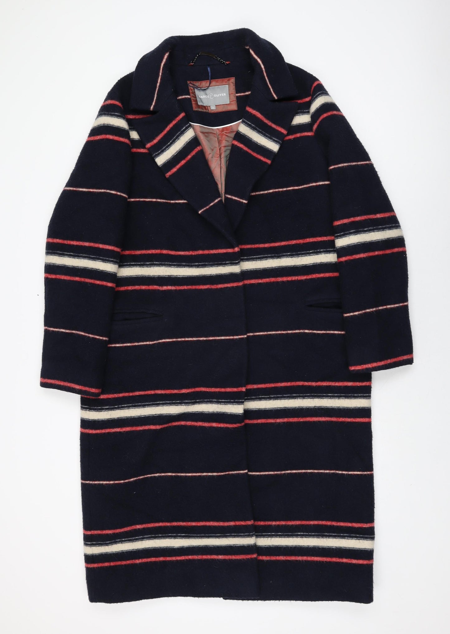 Grace&Oliver Womens Blue Striped Overcoat Coat Size 14 Snap