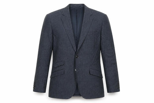 Front view of H&M men’s blue polyester jacket suit jacket, size 36, regular
