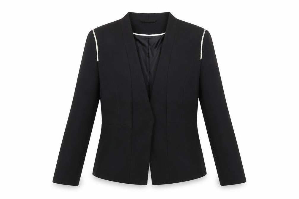 Front view of H&M women’s black jacket blazer, size UK 14, snap