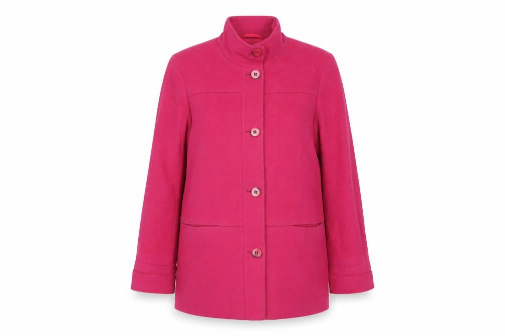 Front view of Marks & Spencer women’s pink overcoat coat, size UK 14, button