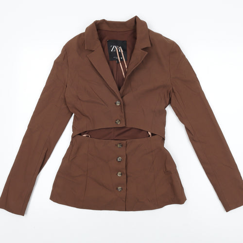 Zara Womens Brown Viscose Basic Button-Up Size XS Collared