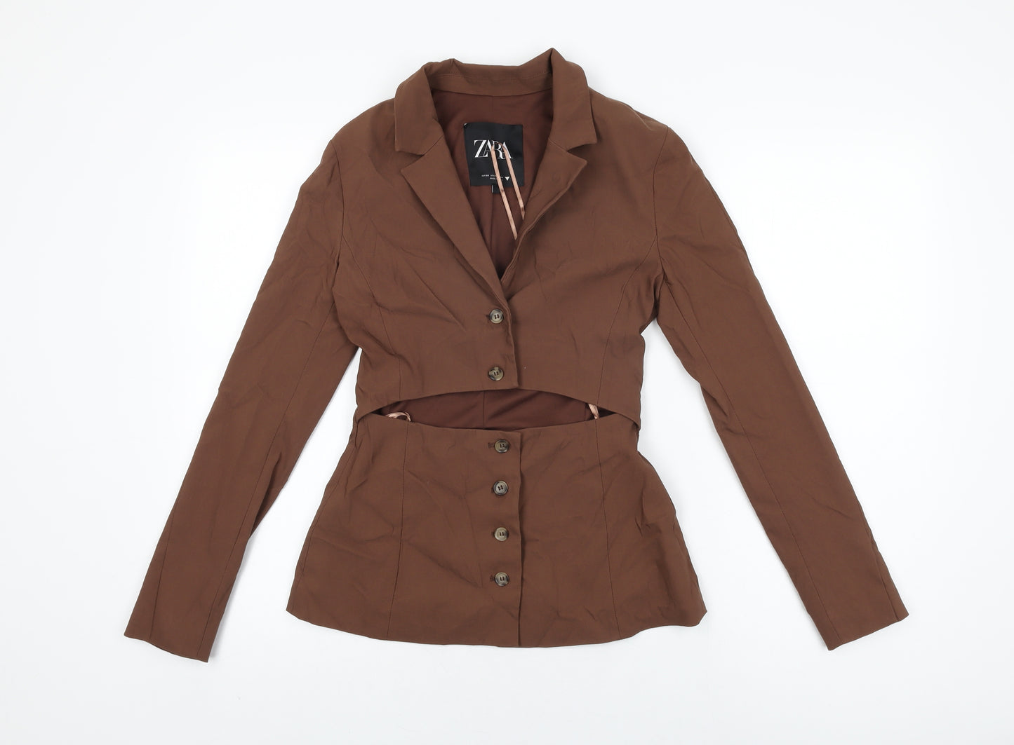 Zara Womens Brown Viscose Basic Button-Up Size XS Collared