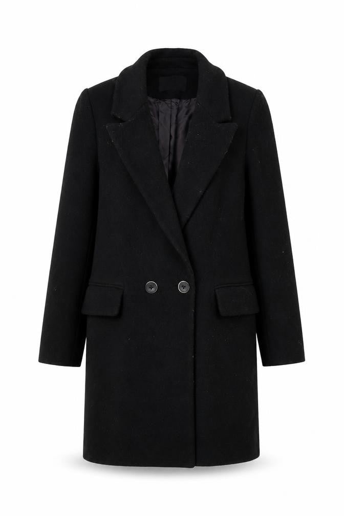 Front view of Stradivarius women’s black overcoat coat, size XS, button