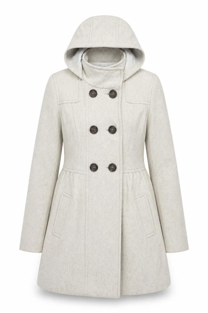 Front view of H&M women’s grey overcoat coat, size UK 8, button