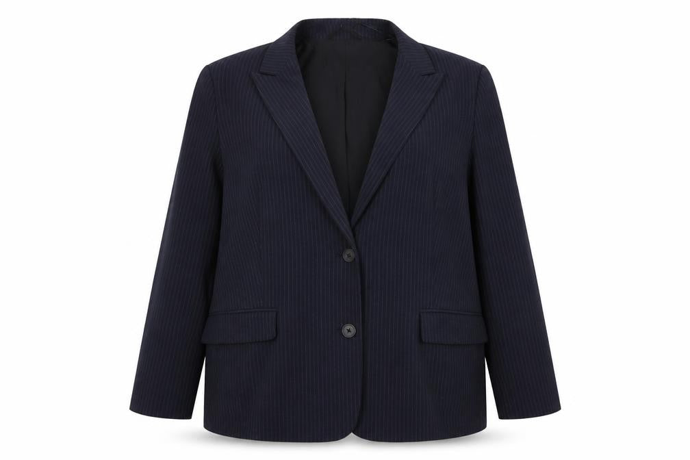 Front view of Marks & Spencer women’s blue striped polyester jacket suit jacket, size UK 20