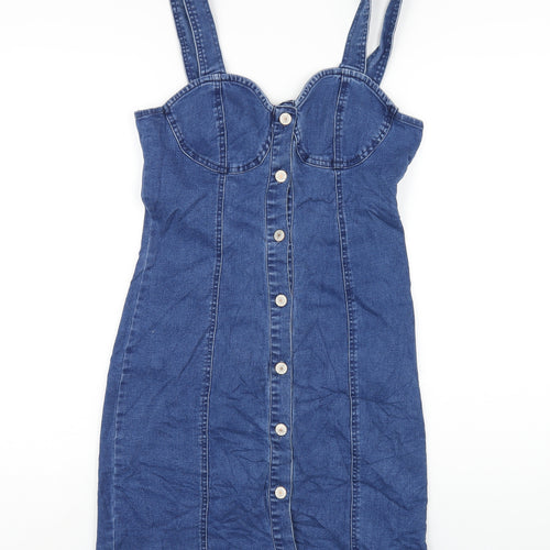 QED London Womens Blue Cotton Bodycon Size 10 Sweetheart Button