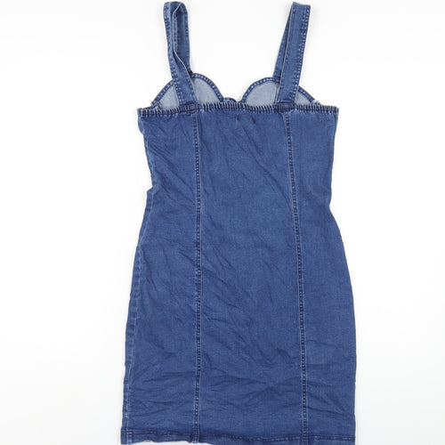 QED London Womens Blue Cotton Bodycon Size 10 Sweetheart Button