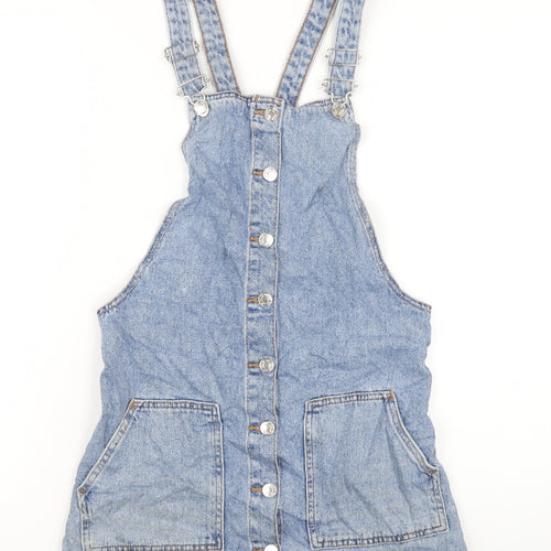 Denim & Co. Womens Blue Cotton Pinafore/Dungaree Dress Size 10 Square Neck Buckle