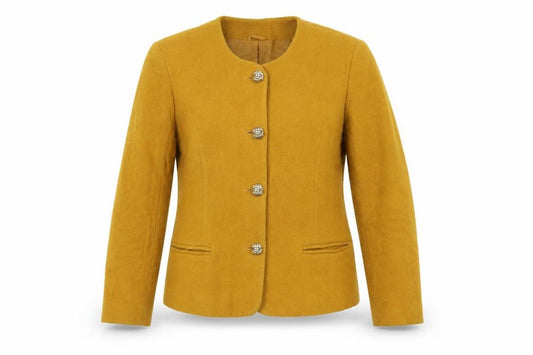 Front view of Features women’s yellow jacket, size UK 12, button