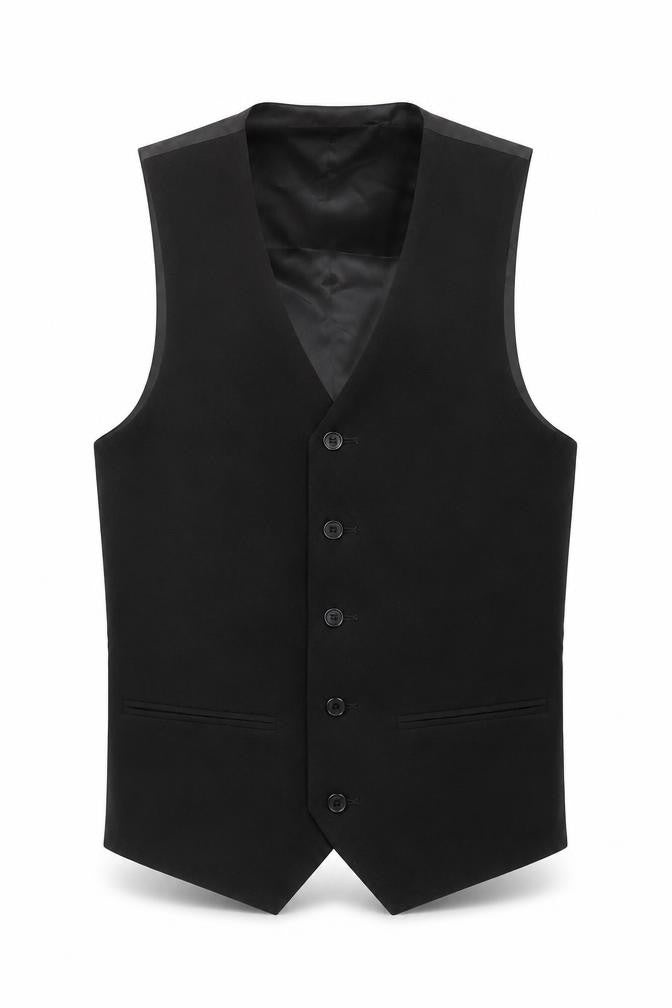 Front view of Five Horse men’s black polyester jacket suit waistcoat, size XS, regular