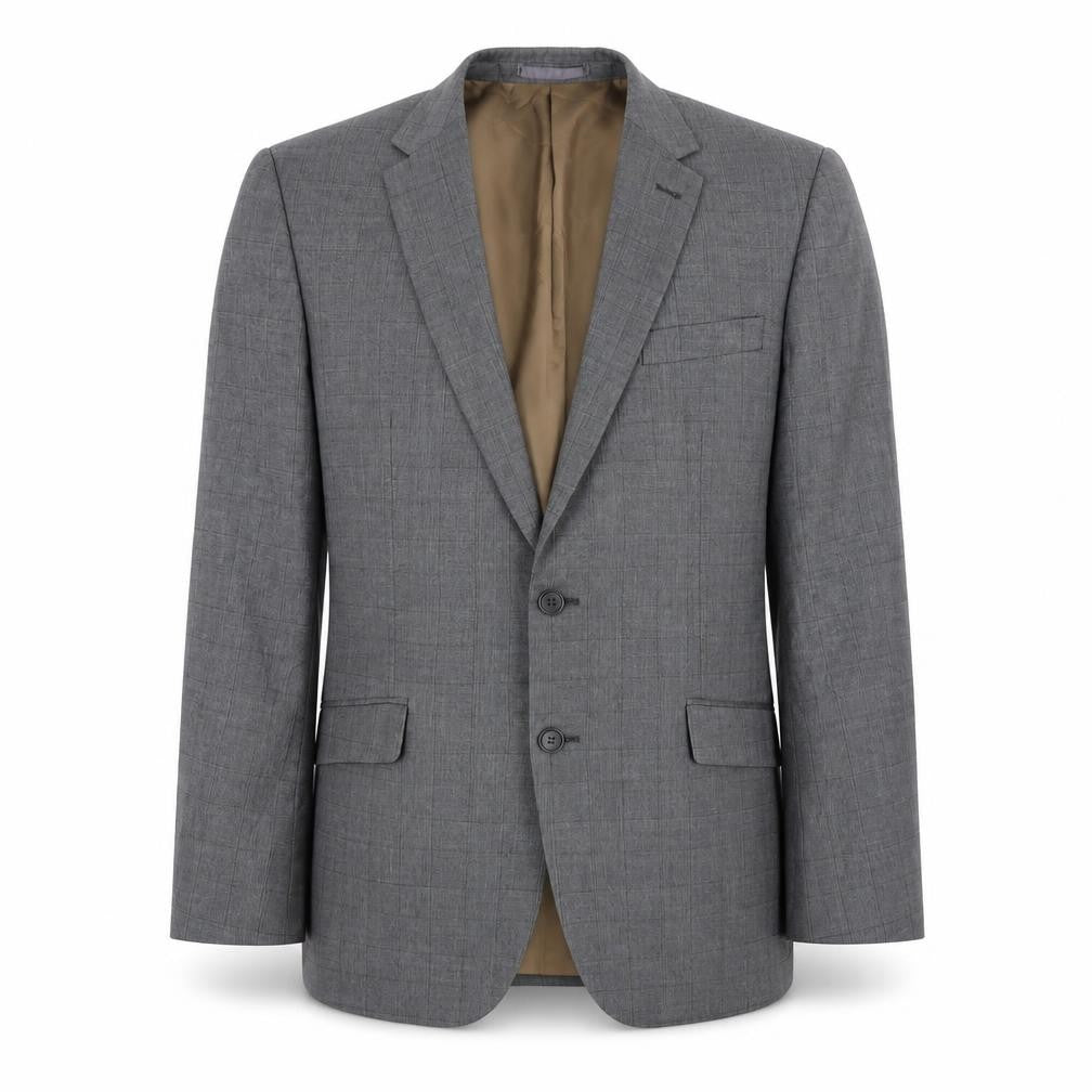 Front view of Aspen & Court men’s grey plaid polyester jacket blazer, size 40, regular