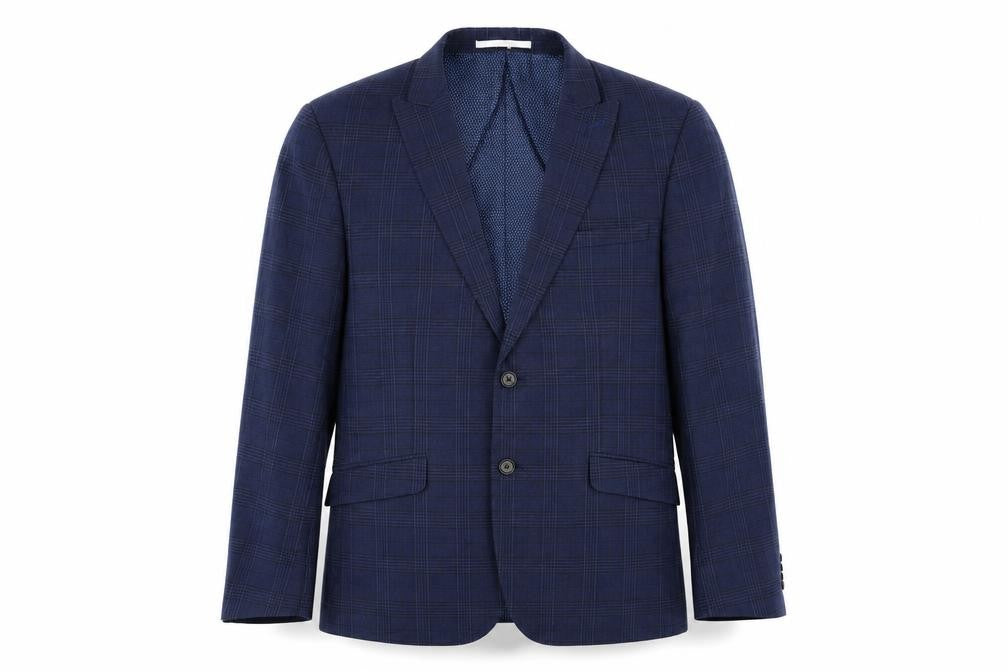 Front view of Burton men’s blue plaid polyester jacket blazer, size 42, regular