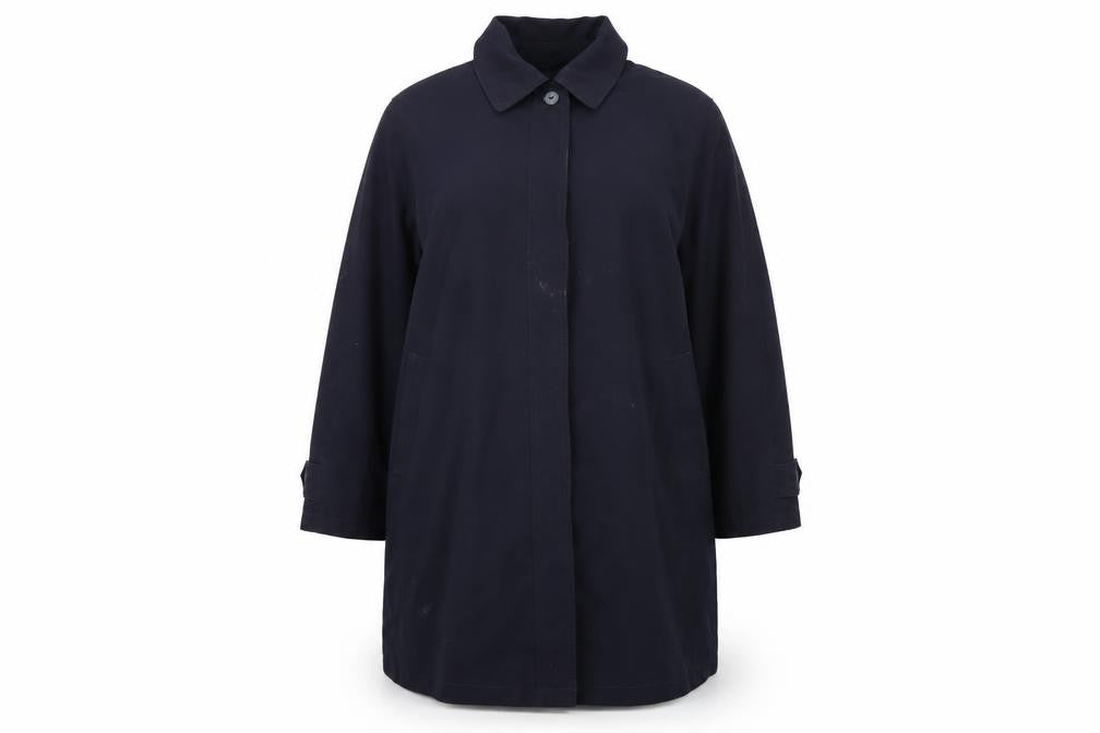 Front view of David Barry women’s blue overcoat coat, size UK 20, button