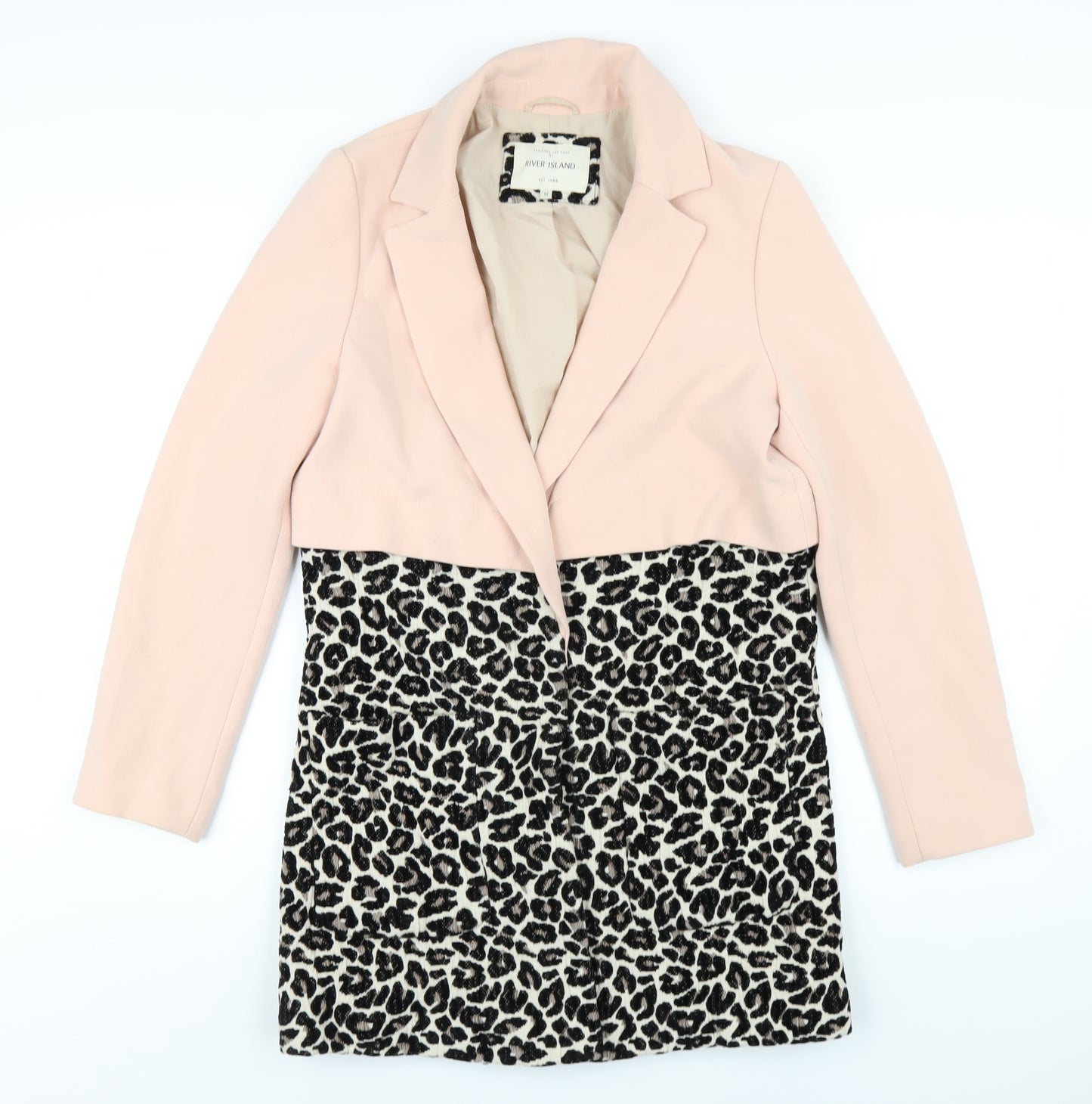 River Island Womens Pink Animal Print Overcoat Coat Size 12 Snap - Leopard Print