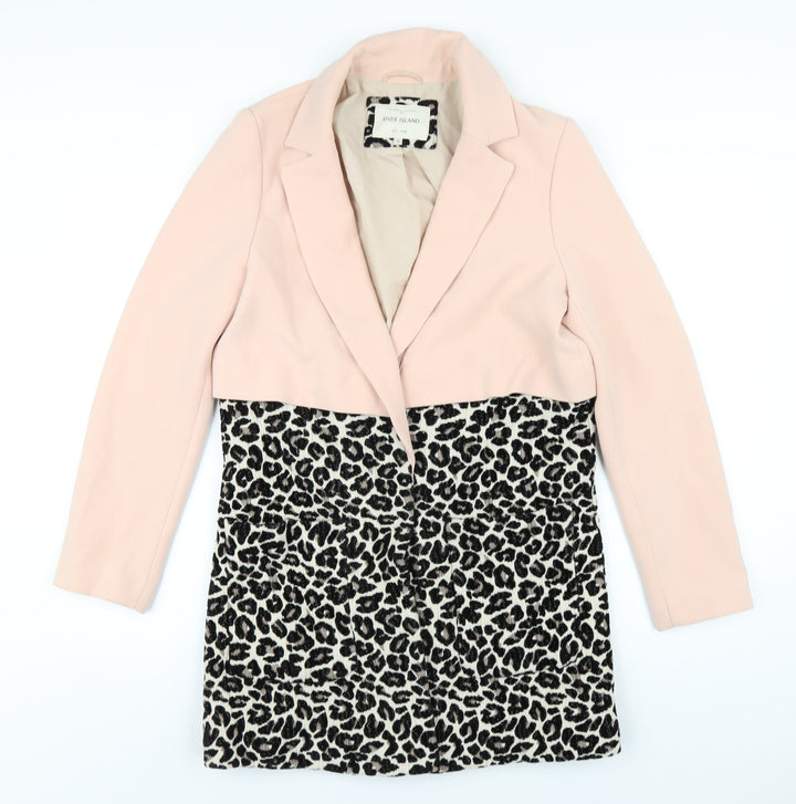 River Island Womens Pink Animal Print Overcoat Coat Size 12 Snap - Leopard Print