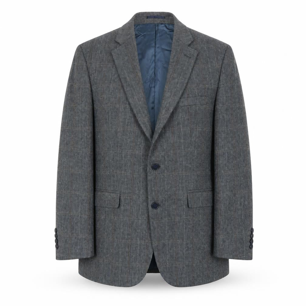 Front view of Wellington men’s blue plaid polyester jacket blazer, size 42, regular
