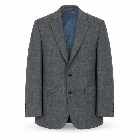 Front view of Wellington men’s blue plaid polyester jacket blazer, size 42, regular