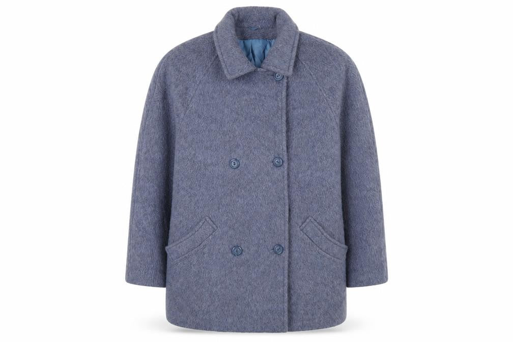 Front view of Accolade women’s blue overcoat coat, size UK 14, button