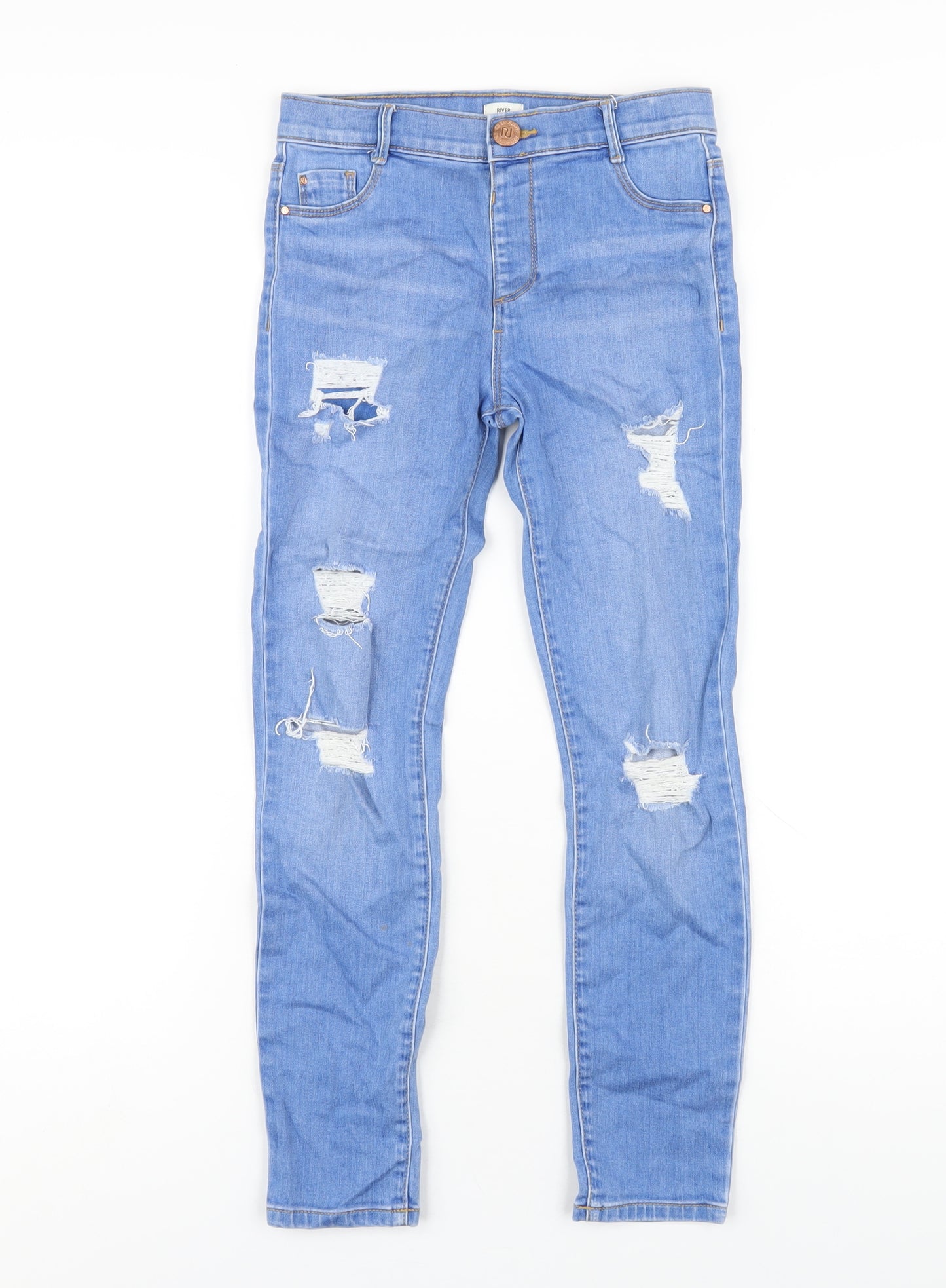 River Island Girls Blue Cotton Skinny Jeans Size 9 Years L24 in Regular Zip