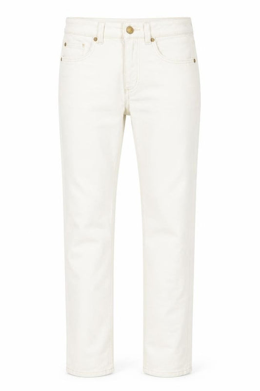 Front view of Topshop women’s ivory cotton straight jeans, size UK 26, in, 30-inch leg regular zip