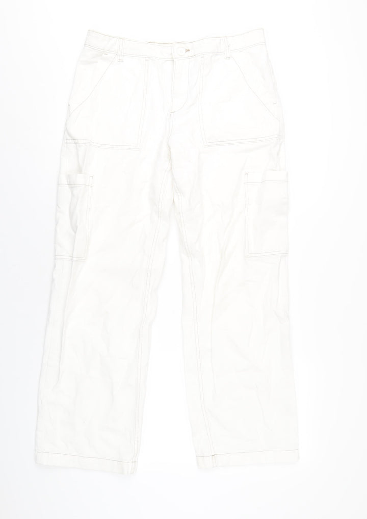 H&M Womens Ivory Cotton Straight Jeans Size 10 L30 in Regular Zip