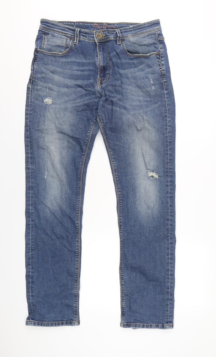 Pepe Jeans Mens Blue Cotton Straight Jeans Size 32 in L33 in Regular Zip