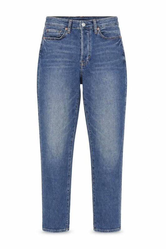 Front view of H&M women’s blue cotton mom jeans, size UK 8, 29-inch leg regular button