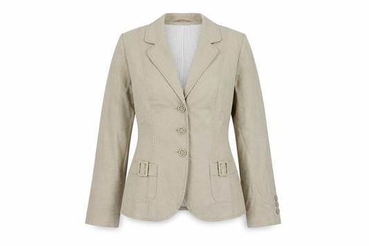 Front view of Marks & Spencer women’s beige jacket, size UK 16, button