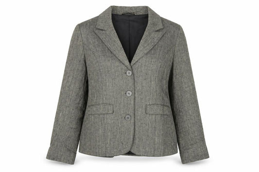 Front view of Per Una women’s beige jacket, size UK 12, button