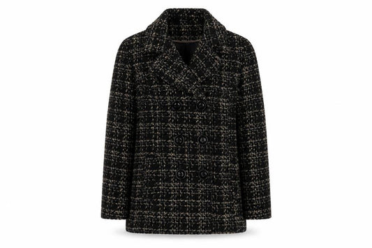 Front view of Bonmarché women’s black geometric overcoat coat, size UK 12, button